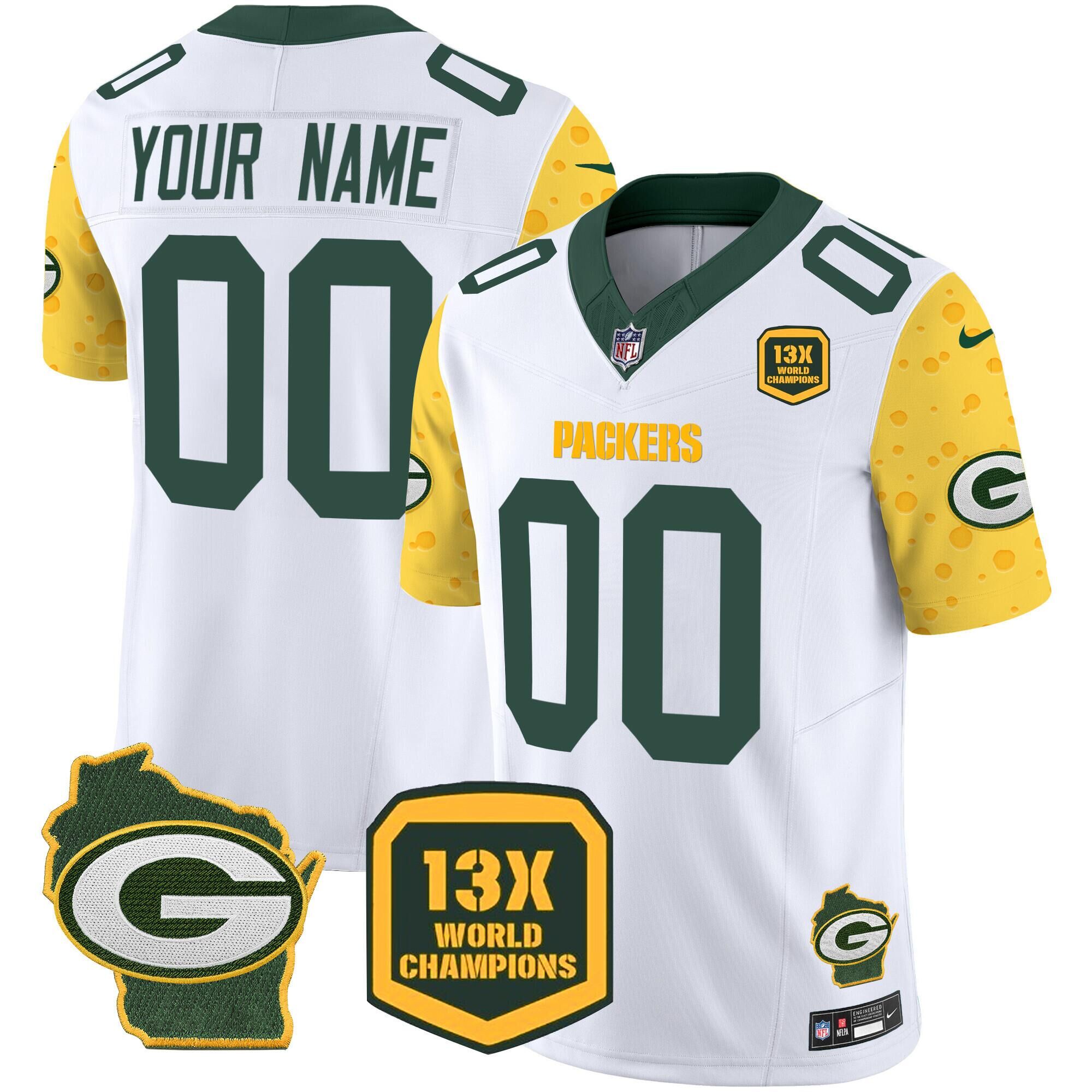 Men's Green Bay Packers ACTIVE PLAYER Custom Cheese White 2024 F.U.S.E. Home Patch 13 Time World Champions Vapor Untouchable Limited Stitched Football Jersey Men's Green Bay Packers ACTIVE PLAYER Custom Cheese White 2024 F.U.S.E. Home Patch 13 Time World Champions Vapor Untouchable Limited Stitched Football Jersey